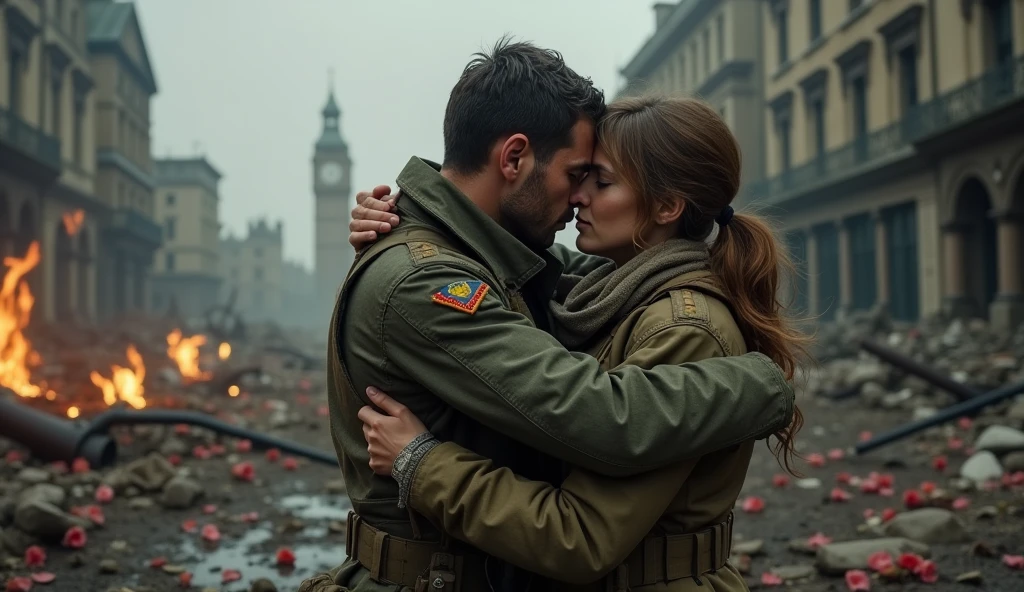 1914; (masterpiece, best quality) destroyed city roses on the floor(London); flowers on the ground; 1British soldier couple kissing looking Down(close-up);firearm on the floor.; fire around.