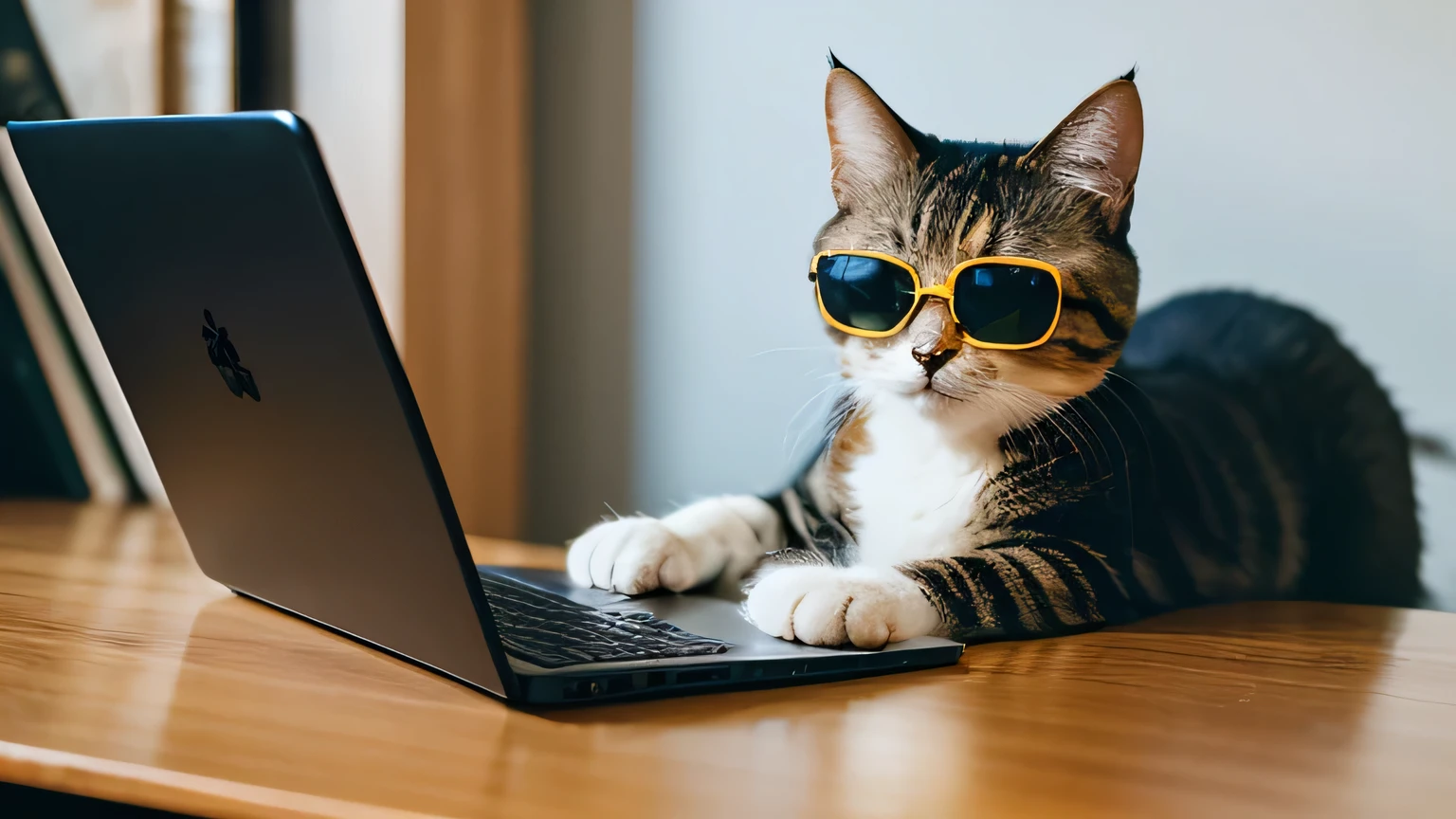 Realistic photos、4K, 8k,masterpiece, A cat wearing sunglasses operates a computer, on the desk, (Resort), vivid,Real cat