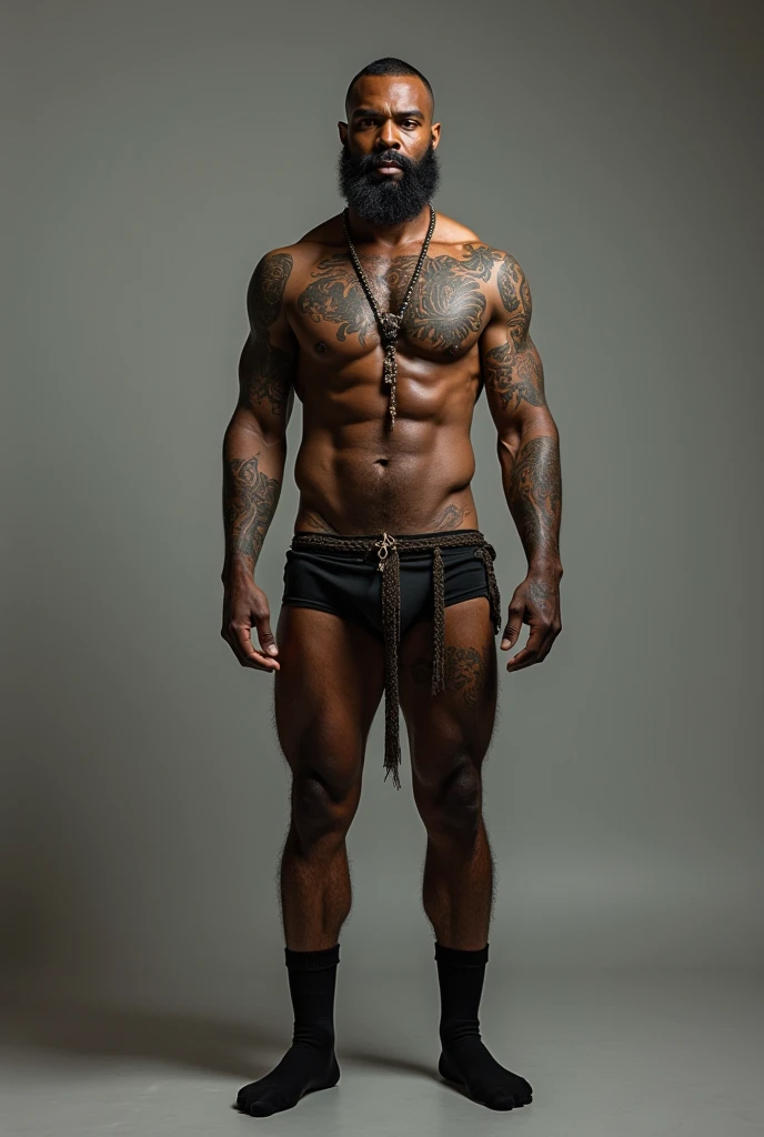 40 year old man, with tattoos, He has a rosary tattooed around his neck, short, full beard and very short hair, very well endowed, dark skin, He only wore black socks, without pants or any clothes. with  in hand
