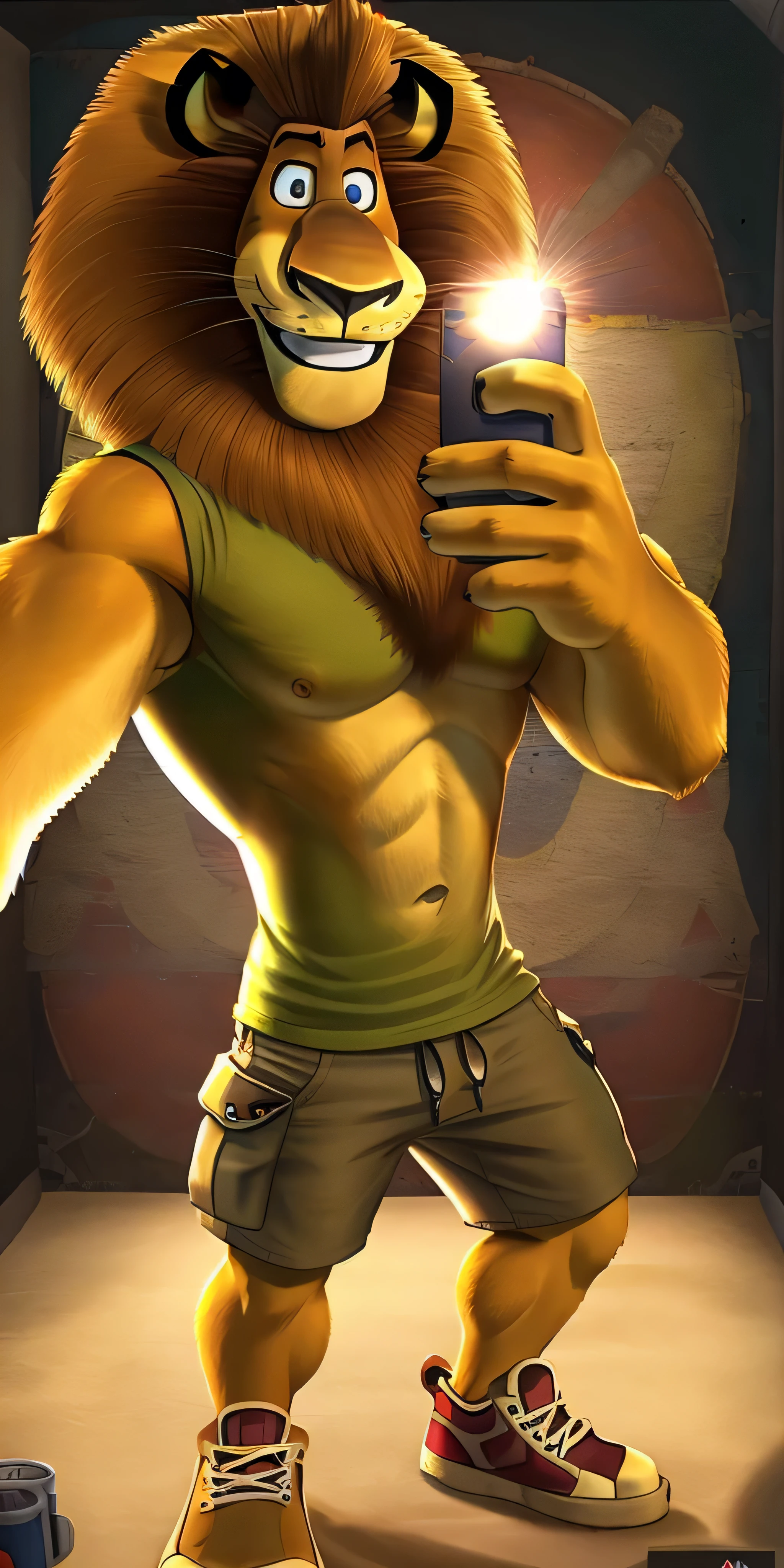 Alex the Lion, muscular body, big biceps, extremely beautiful and cute face, wears green t-shirt, cargo shorts, sneakers, underground background, selfie, friendly look, smiling