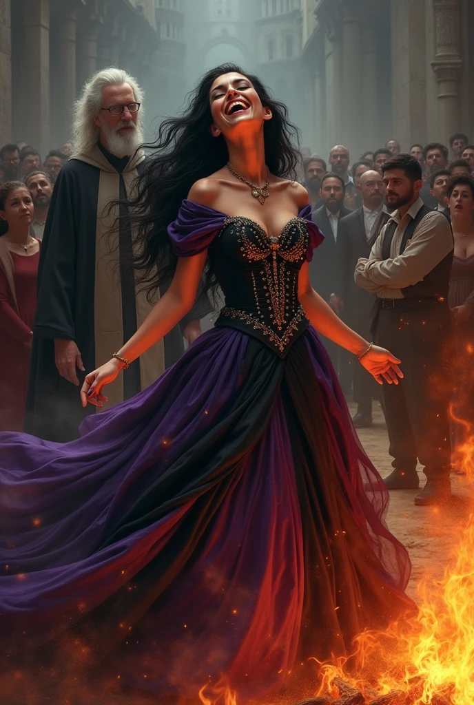 beautfull woman, purple and black big dress, laughing out loud being burned alive black hair , surrounded by people and a priest watching her burn 
