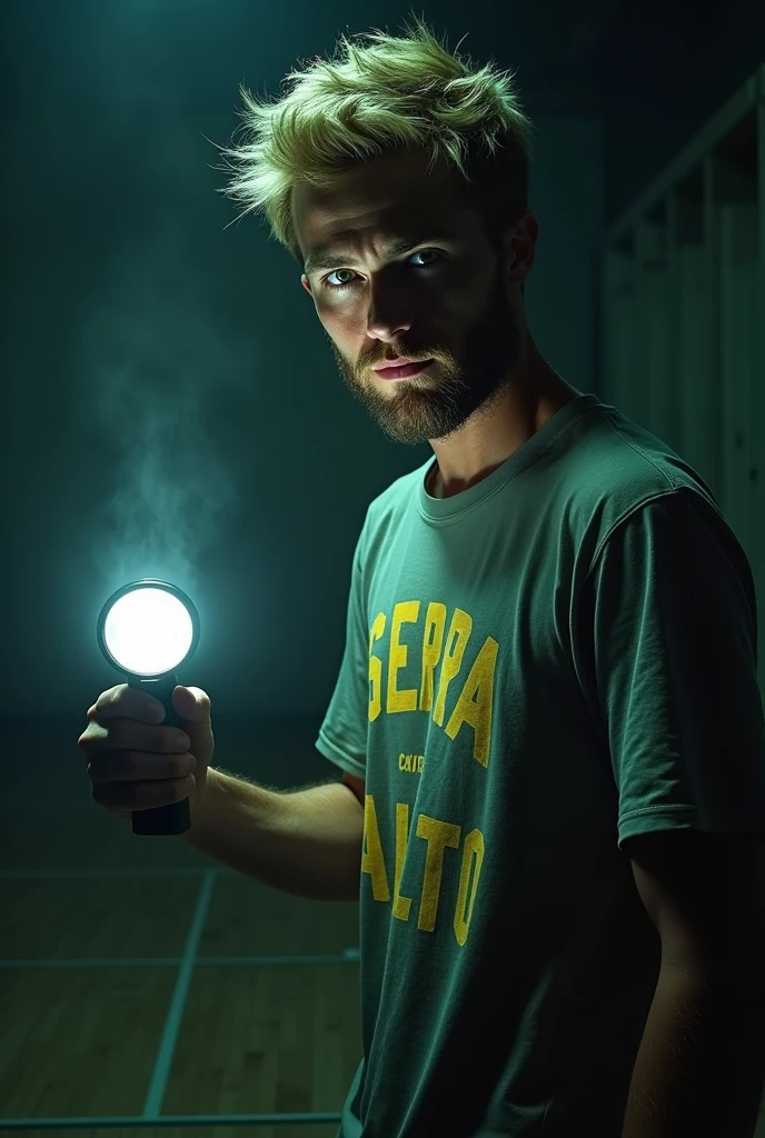 Mature man in his 20s with a mysterious expression, dark blonde short hair, with a blond beard and green eyes wearing a summer camp t-shirt that says Serra Alto and a flashlight in his hand, half dark gym, Estilo da DC Comics, imagem sem fundo