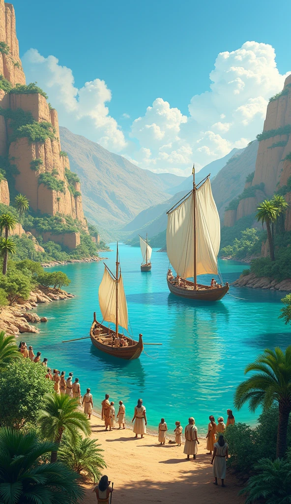 Illustrate the Nile River with lush banks during the annual flood, showing vibrant vegetation and crystal-clear water reflecting the sky. Include ancient wooden boats with white sails and small groups of Egyptians performing daily activities along the banks