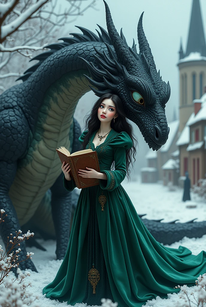 A pale 2 woman with blue eyes and black hair in a green Victorian velvet coat with a Grimoire in her hand , petting a giant black scaled dragon with a snowy village background animated style for book cover