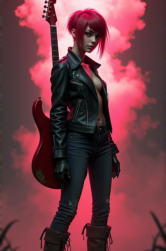 Tall young woman, short red hair shaved on the side, red irises, leather jacket, black jeans and brown boots, red guitar on the back, dark background, pink explosion behind.
