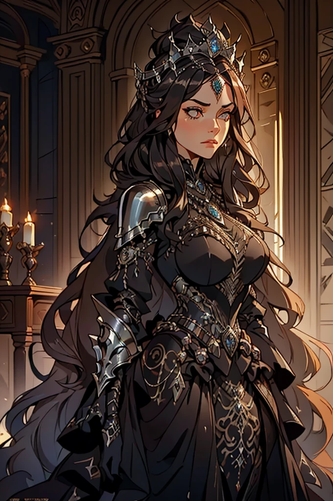 Create a frontal and highly detailed and dramatic portrait of a young woman. She has grey glowing eyes, brown, waistlong hair and is in a dimly lit, elegant room that exudes a sense of power and foreboding. She is dressed in a flowing black gown that reaches the floor, adorned with silver details. She wears a black breastplate that covers her chest, giving her a regal yet armored appearance. Her long hair is styled in a way that complements her queenly attire, and she is adorned with silver jewelry, including a glowy crown that sits majestically on her head. Her expression is serious and authoritative, with a hint of melancholy. The overall atmosphere should be dark, intense, and gothic, emphasizing Naomi's role as a queen who bears the weight of her past and the power she now holds.