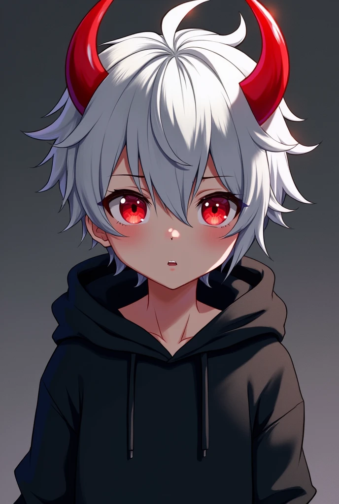 Anime cartoon boy with two red horn and red eye
And white hair and wear black hoddie