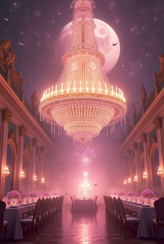 A tremendous god々Shi Big beautiful chandelier Number 10 in a heart at the bottom(((((((Central 10)))))) ((((((((Number 10)))))))) Celebration Time The flow of time lives with music in memories Soft Light Dinner at the Palace of Versailles Hall of Mirrors A beautiful pink moonlit night dinner party with no one around The magic of the full moon shining in the dark night A starry sky Another dimension, a mysterious pink color (((((((No people in sight)))))) The sparkling little feathers and stardust are beautiful.