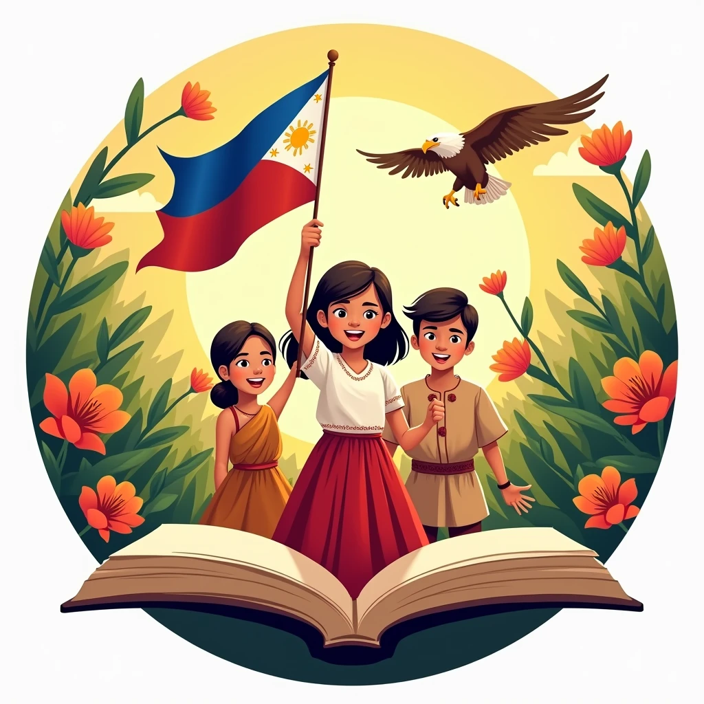 (CARTOON, ANIME, MANGA)Create a traditional and modern CIRCLE logo for Buwan ng Wika (National Language Month) featuring three people smiling with bright teeth, BROWN skin tone, (half body) standing close together popping from a book in the BACKGROUND, NATURE BACKGROUND WITH FLOWERS AND GOLDEN SUNGLIGHT, wearing traditional Filipino attire, and a philippine eagle in the back spreading out its wings. The central figure, a girl IN THE MIDDLE ONLY holding the Philippine flag in a traditional Filipino dress consisting of a dirty white blouse (Baro) and a red skirt (Saya). The two accompanying figures, one boy in a barong tagalog and the other one boy dark skin in tribal attire(PHILIPPINES), overall 3. Use the colors of the Philippine flag and any other colors that represent the topic. The composition should be in a fish point of view. (warm tone) (golden hour) (close up of the face), vibrant colors.