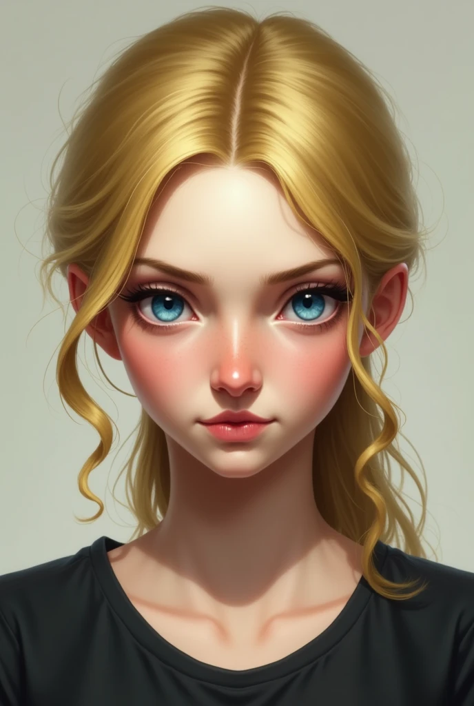 generate for me one of more or less , her hair is blonde with yellowish tips and her eyes are blue, has a snobbish air and a very round nose