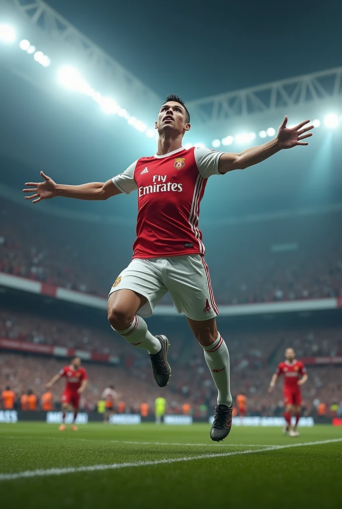 "Create an image of Cristiano Ronaldo mid-celebration after scoring a goal, performing his iconic '' celebration. Ronaldo is leaping into the air with his arms outstretched, turning slightly, and landing with a confident stance. Capture his powerful expression and energy. The background could be a football stadium filled with cheering fans, with stadium lights highlighting the moment. The focus should be on Ronaldo’s athletic build, signature hairstyle, and his famous jersey, making the image instantly recognizable."