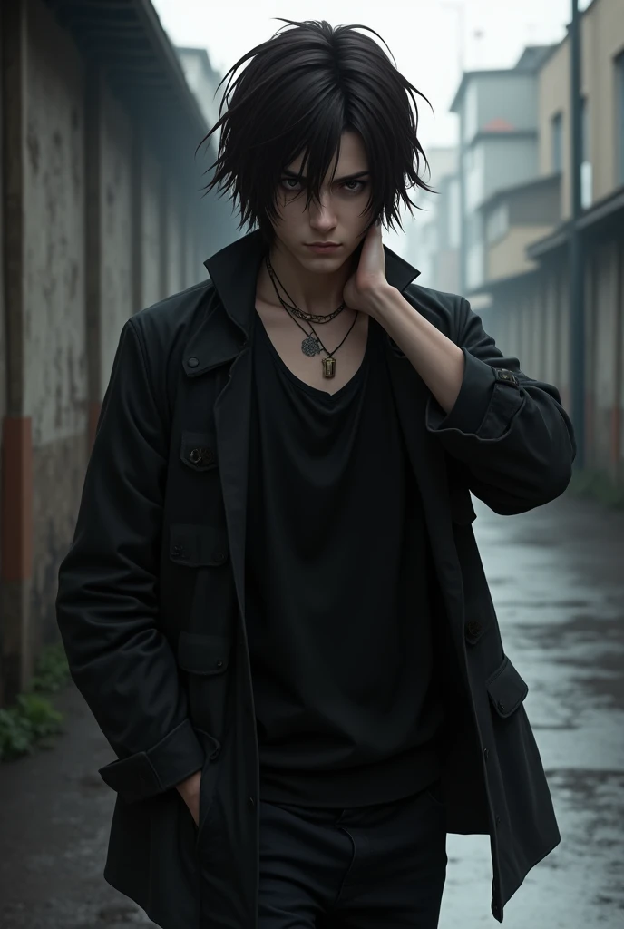 Youngh , bonitas, dark brown hair to the shoulder , and black eyes, with a tattoo on the neck, expression of boredom, wear dark clothes, and he&#39;s walking with one hand behind his neck 
