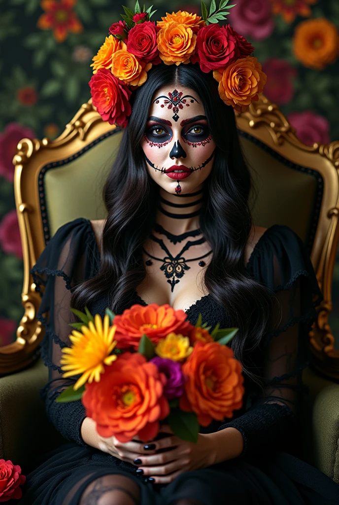 Photoshoot 1 beautiful woman dios de los muertos concept,holding beautiful flowers and sitting on a luxurious chair, a room full of colorful flowers and there is a signboard ridwangrapher