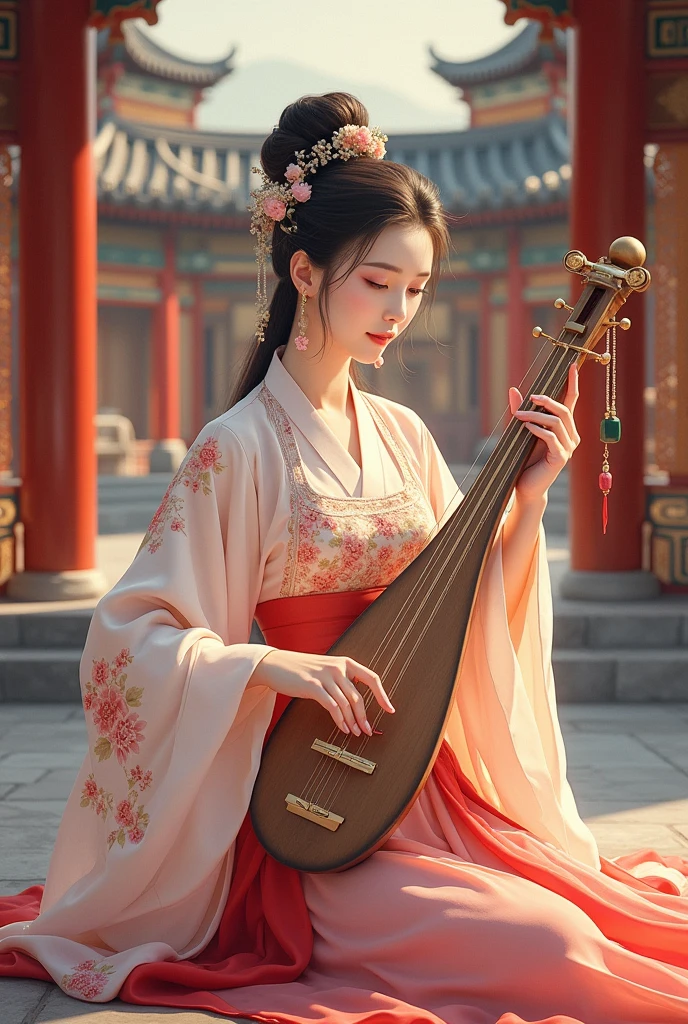 A beautiful and lovely Chinese girl wearing ancient costume，sitting in the palace，Hands playing the guqin。She has delicate features，Exquisite makeup，Traditional dress with floral patterns。Background incorporates classical architectural elements，Create the atmosphere。This illustration style showcases intricate details and vibrant colors.。 --ar 3:4