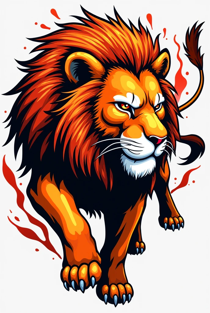 The logo of an orange lion with white, black and red details