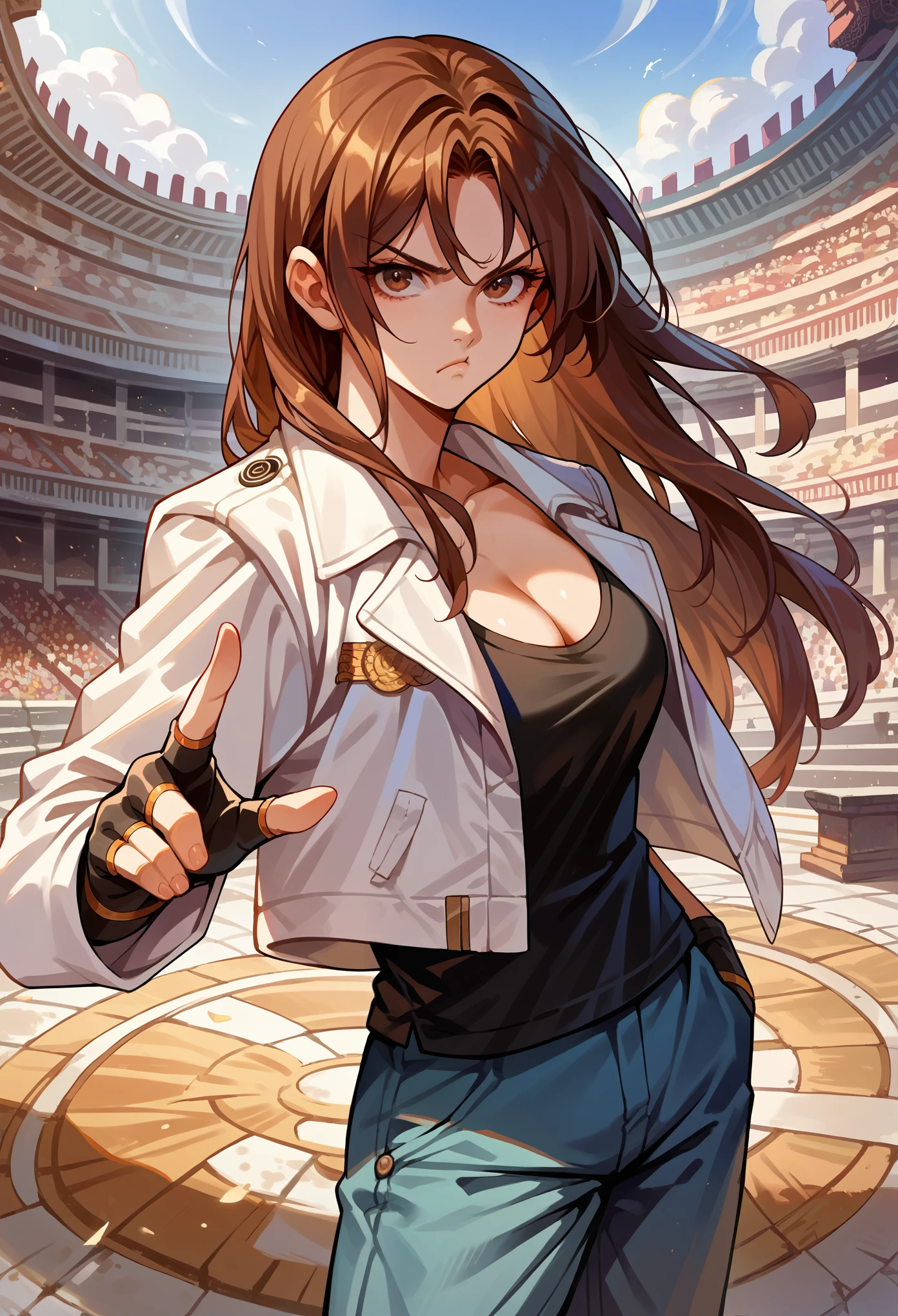 score_9, score_8_up, score_7_up, source_anime, 1girl, solo, (female:1.5), female focus, kyo_nest, brown hair, long hair, brown eyes, white jacket, open jacket, black shirt, blue pants, chain, cleavage, fingerless gloves, standing, pout, looking at you, coliseum