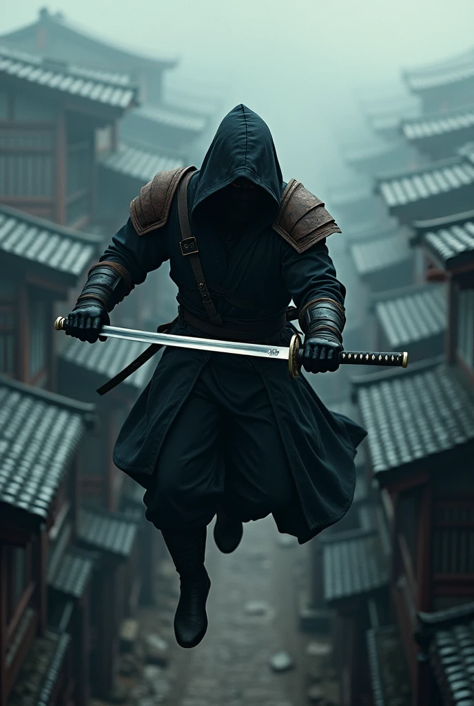 a warrior assassin, leather shoulder pads, a katana, jumping off a roof, dark environment, setting of feudal Japan