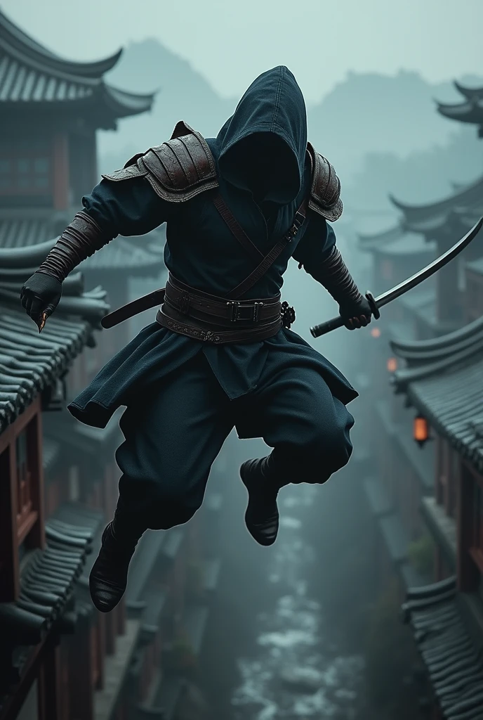 a warrior assassin, leather shoulder pads, a katana, jumping off a roof, dark environment, setting of feudal Japan