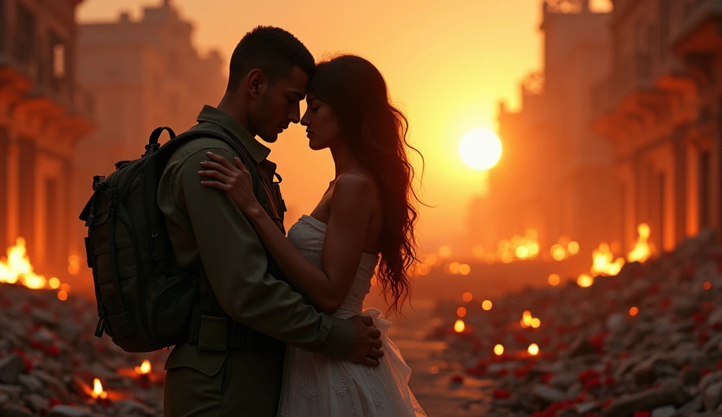 2024; (masterpiece, best quality) destroyed city roses on the floor(Cairo); flowers on the ground; 1Egyptian  soldier couple kissing looking Down(close-up);firearm on the floor.; fire around.
