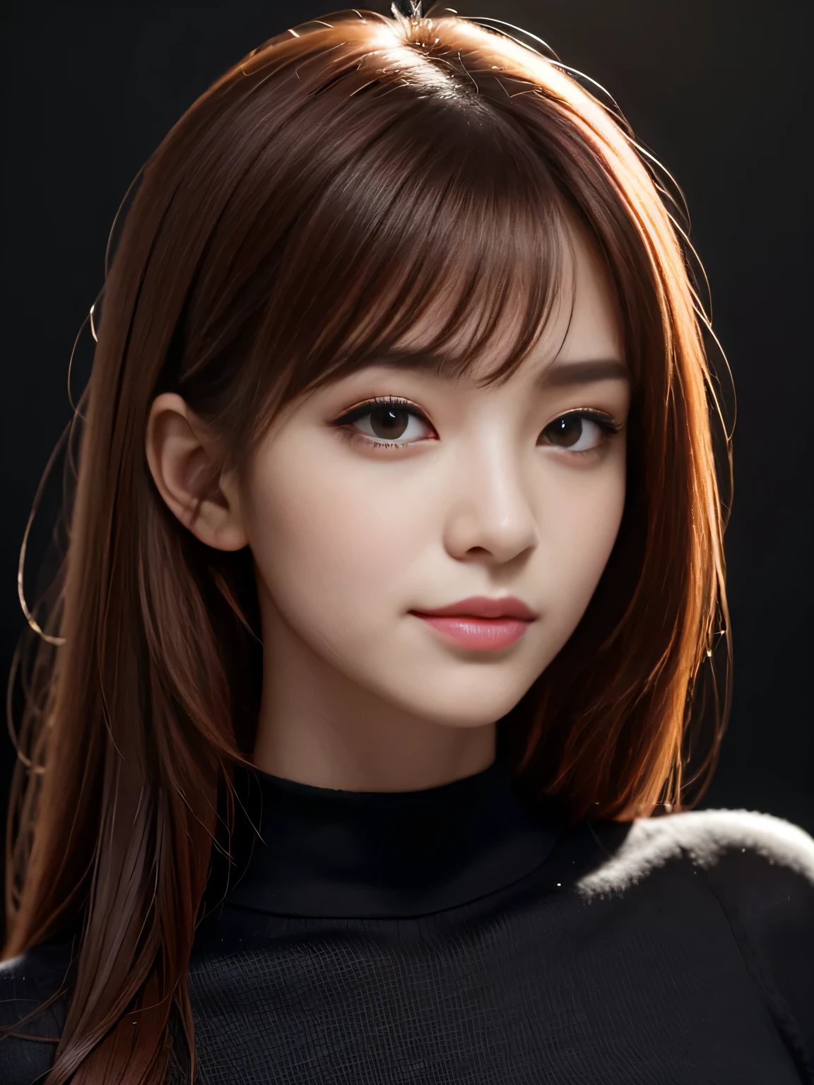 masterpiece, best quality, ultra-detailed, intricately detailed hyperdetailed, realistic, sharp features, highly detailed, sharp focus, Cute Japanese, young adult, perfect face, perfect face, perfect symmetrically perfect eyes, perfect full lips, flexible female form, hyper detailed, hyper realistic, high resolution, vibrant, dynamic studio lighting, Moody Lighting, Underexpose Lighting, ((Dark background)), (discret smile), Red hair, asymmetrical hair, asymmetrical bangs, brown Eyes, black sweater, cowboy shot,