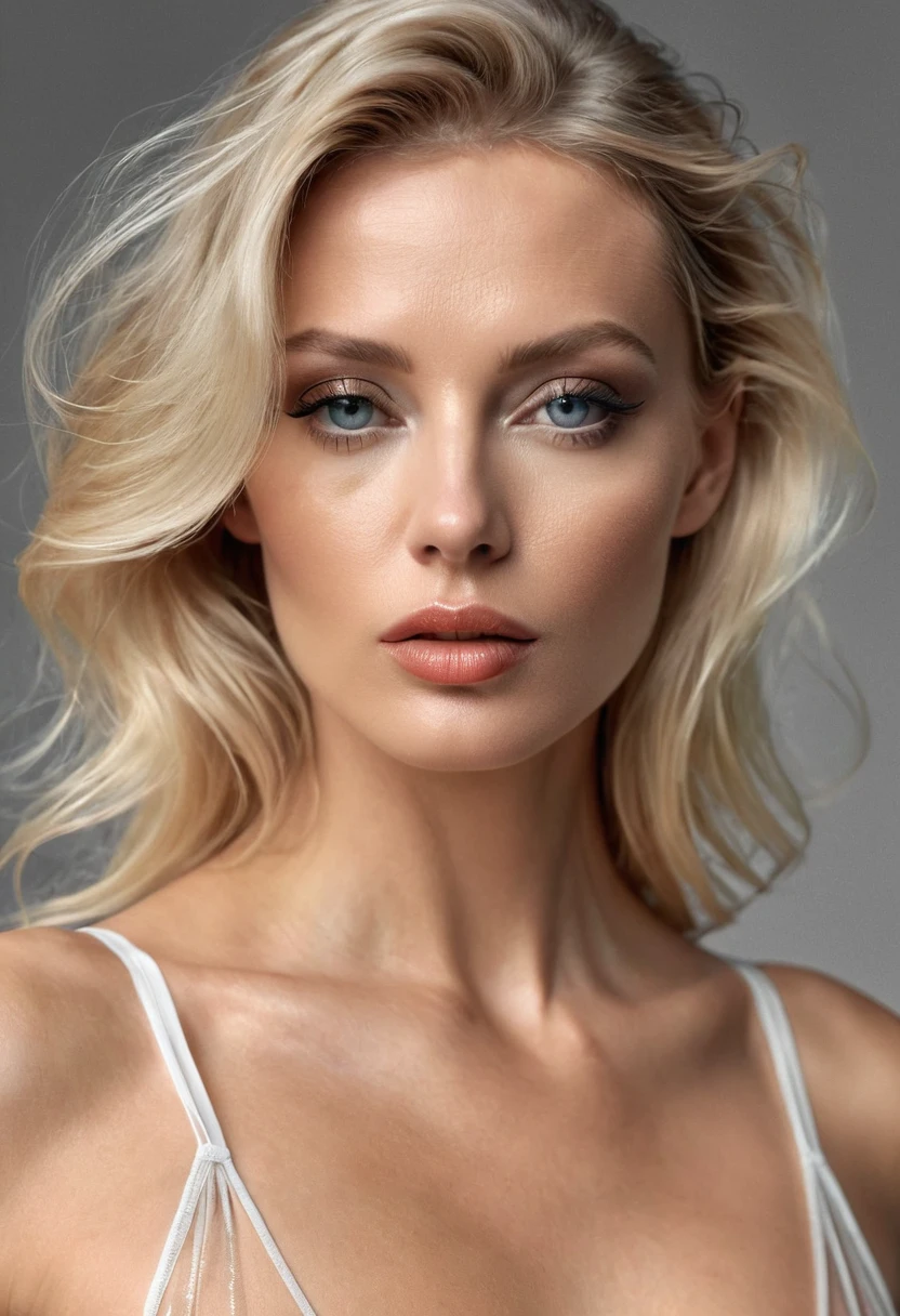 a blonde woman in transparent clothes, posing to the camera, Avedon style, black and white, photography, (best quality,4k,8k,highres,masterpiece:1.2),ultra-detailed,(realistic,photorealistic,photo-realistic:1.37),HDR,UHD,studio lighting,extremely detailed eyes and face,beautiful detailed lips,longeyelashes,elegant pose,natural lighting