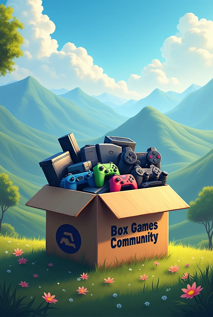 create a logo with electronic games inside a cardboard box behind a gamer landscape with the words Box Games Community written on the box
