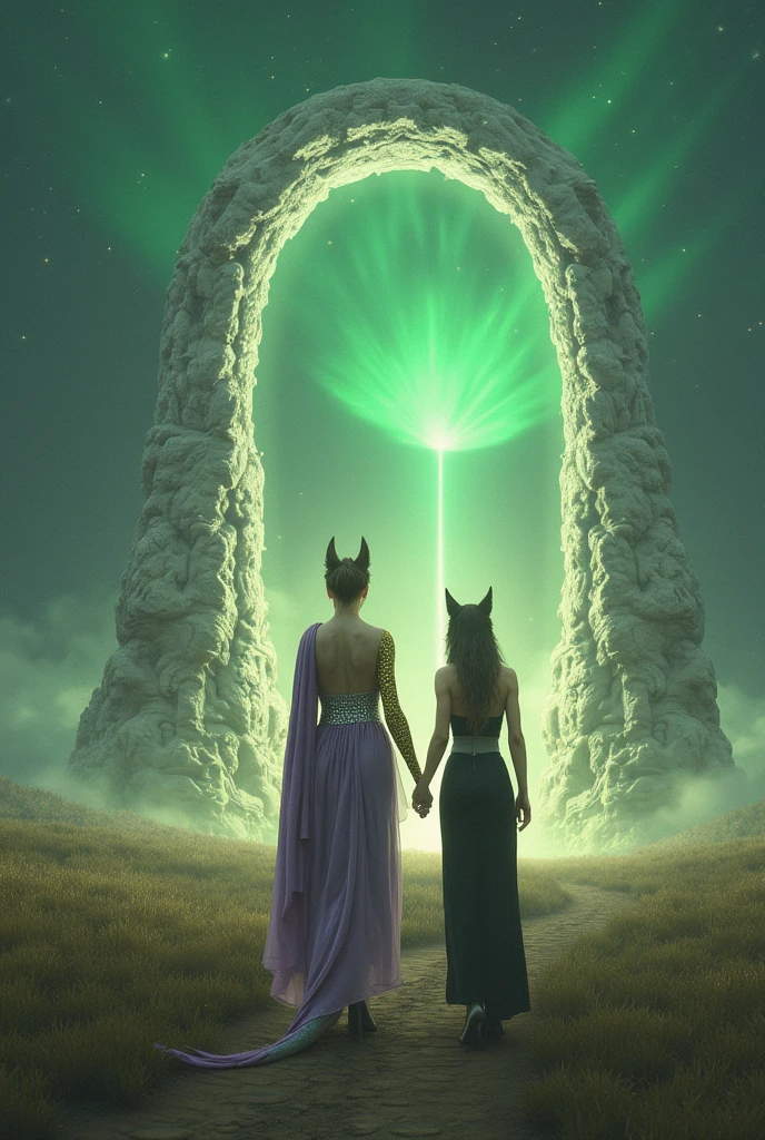 Delicate female reptilian with golden scales and a purple cloak and a silver belt , exit through a stargate made of amethysts, guiding a wolf woman in a black tunic and black dress, Inside the portal there is a beautiful city of white buildings at night, The portal is in the middle of a field, the sky is daytime and has a green nebula