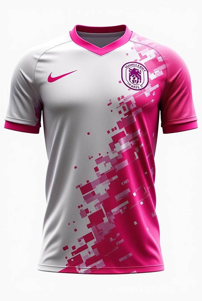 Create the back of a white and pink soccer jersey. Create a more complex design that has the Nike logo. Now replace the logo with the Real Madrid logo.