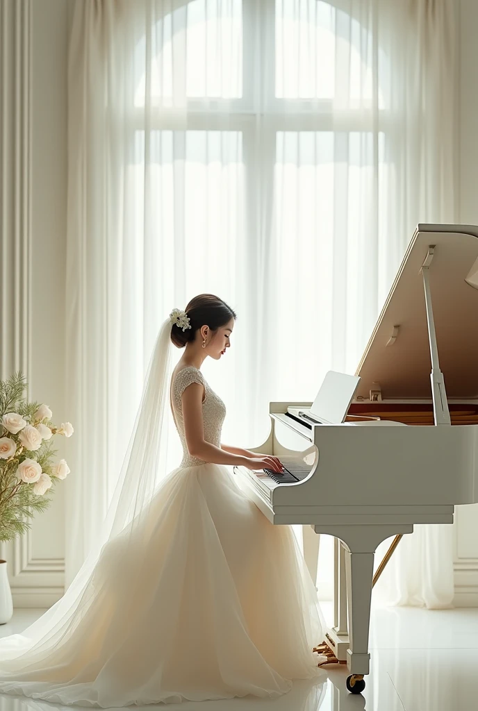 Woman in wedding dress plays white piano (Romantic Light,Super detailed:1.2)White grand piano,Soft Focus,bright scene,masterpiece:1.2,White tones,sentiment, sentiment,Chinese painting style,Luxurious materials,High resolution,portrait,Classic composition,piano melody.