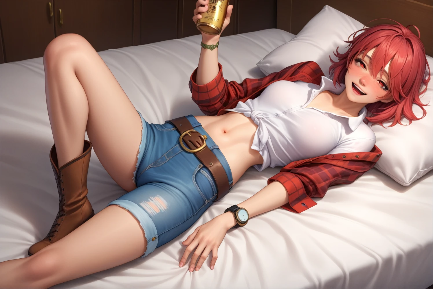 Sexy Cowgirl,Red plaid　Berry Short　Three-point sleeves　collared cowgirl shirt,Denim hot pants,Western belt with holster,Western Boots,Watch on wrist,Navel exposed,Drunk,Above the knee shot,Open your eyes,Lying in bed,Ultra-high resolution,16K