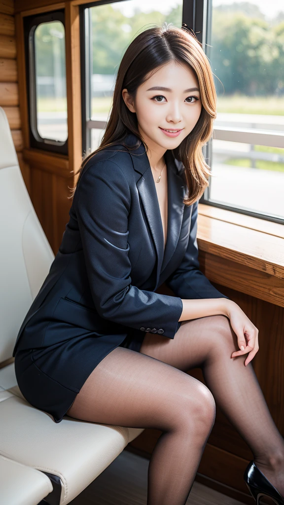 Pure young Japanese cabin attendant lady, sitting, formal makeup, natural hair style, sexual attractive, shiny white skin, wearing formal cabin attendant suits, nylon pantyhose, high heels, sweet smile, sweet temptation, soft sunlight, professional portrait photography,