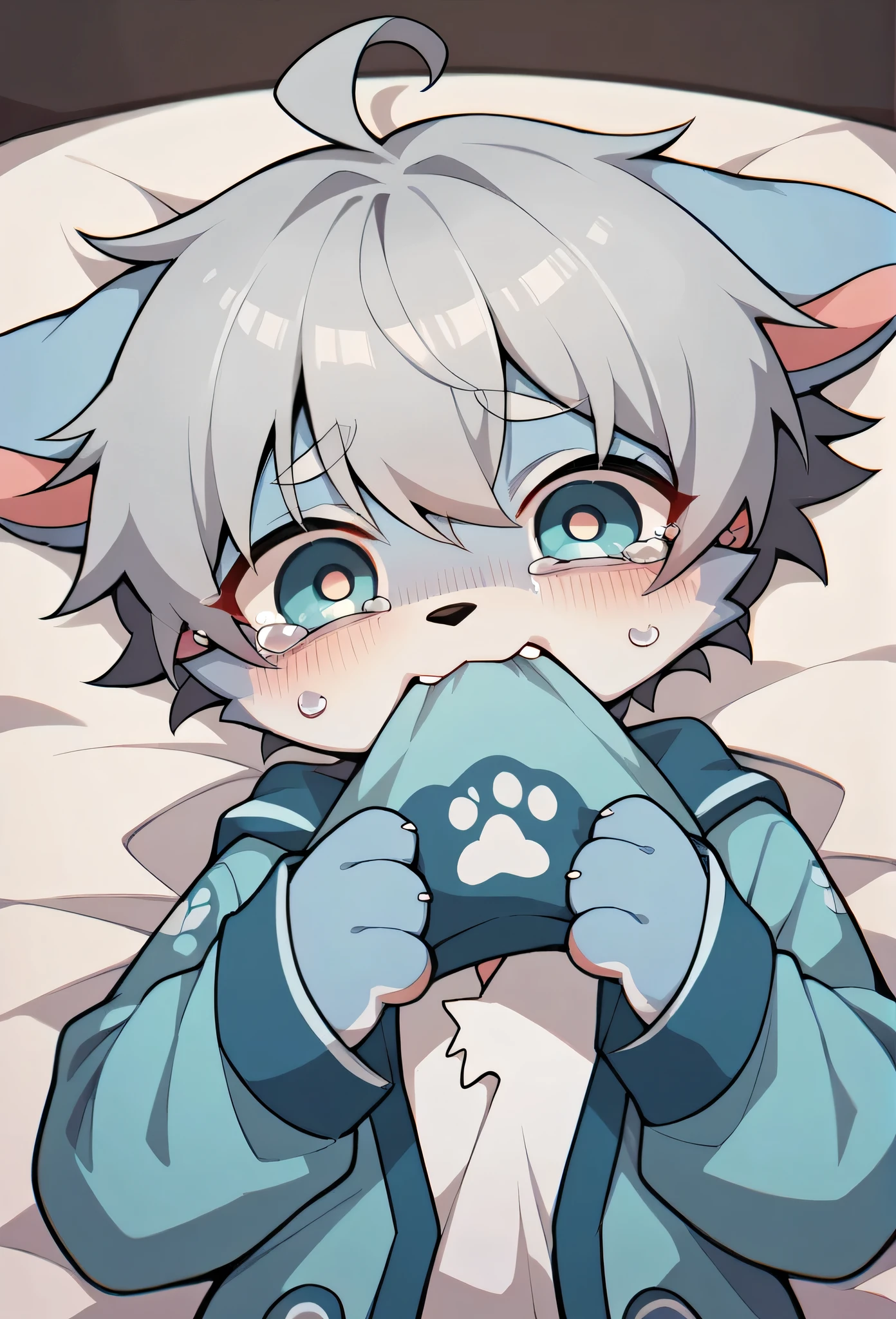(Light blue fur,Gray Hair,)participate,Footprint clothes,Pajama Clothing,dog,cry,Cry loudly,Tears galore,(Light blue fur,Gray Hair)Biting someone else's hand,Intimidation,Tie with a red collar,alone