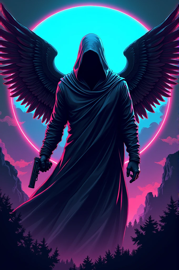 Create a logo showing a man in a black cape holding a gun, On his back there are several wings and in the background a neon painting that highlights the man
, In front a phrase that says “FREE GAMERS”