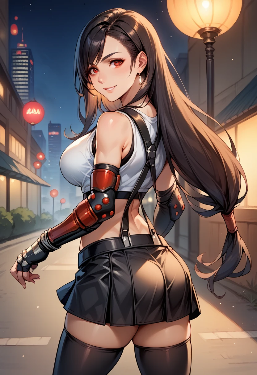 score_9, score_8_up, score_7_up, BREAK, score_9, smile, 7rtif, red eyes, black hair, low-tied long hair, earrings, sports bra, black suspenders, pleated miniskirt, black thighhighs, arm guards, elbow gloves, fingerless gloves, looking at viewer, cowboy shot, ass, from behind, night, city