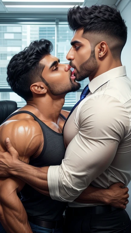 Business man Indian Gurjar gay couple wetty mouth to mouth tounge to tounge kissing and sucking saliva dripping from mouth with big shinning eyes big lips wide jawline beautiful hunk face spiky black hairstyle, seductive kissing in office