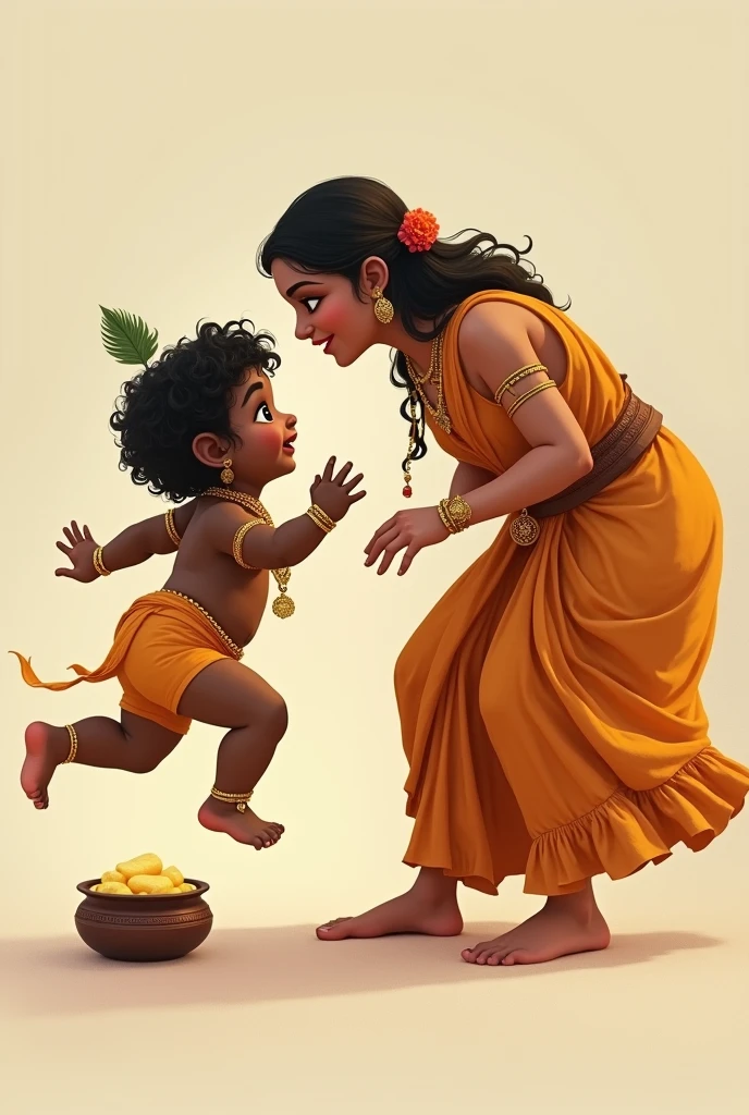 Cute baby lord Krishna trying to run away from his beautiful mother who os trying to catch him, one pot of butter on a plain background