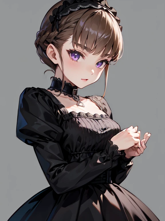 nice with you, short hair, braided hair, brown hair, violet eyes, woman, solo, Gothic & ta Fashion, Loliashion, head band, Cowboy Shot