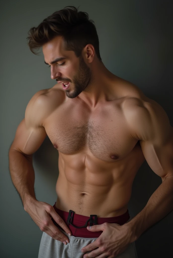 Muscular man without a shirt or pants or underwear with his penis out large and with a lot of semen on his penis especially on his pectorals, also with his hand on his penis With a face of excitement, this man is handsome