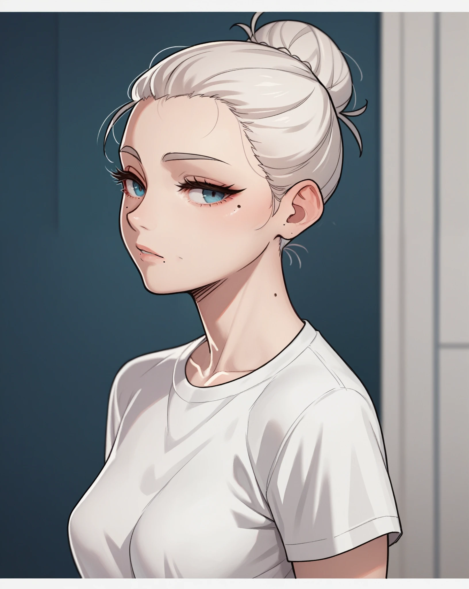 score_9, score_8_up, score_7_up, score_6_up, score_5_up, score_4_up, source_cartoon, rating_safe, by stopu4, 1girl, pale skin, beauty mark under one eye, curious expression, large eyelashes, white shirt, medium breasts, portrait, torso shot, white hair in a bun,