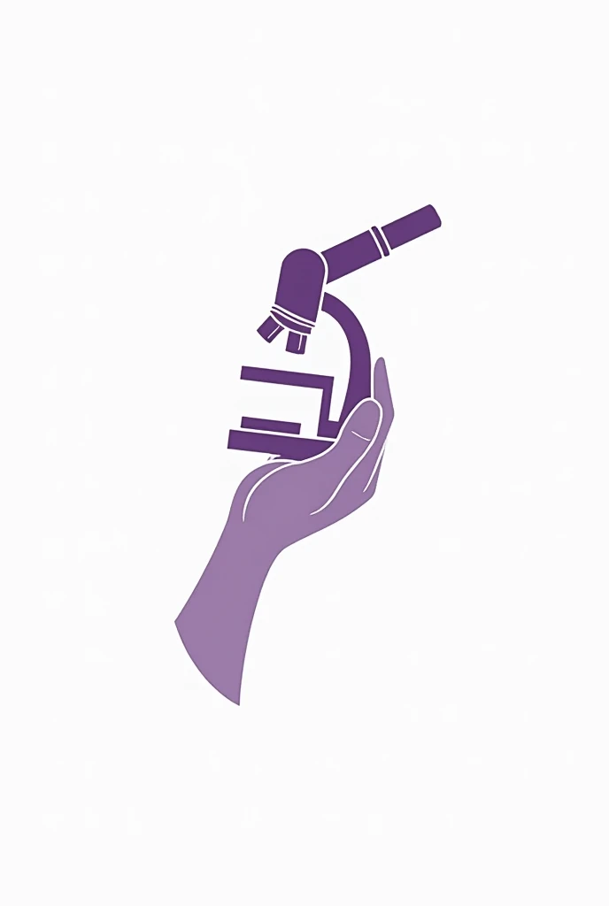 Create a logo that represents a hand holding a microscope, whose microscope base has a rod of Asclepius (Symbol of medicine) leaning against. It is important to be in lilac and white..