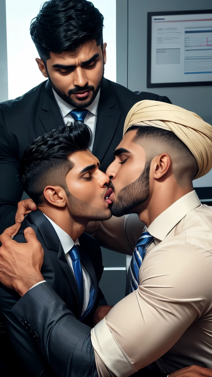 Business man Indian Gurjar gay couple wetty mouth to mouth tounge to tounge kissing and ing saliva dripping from mouth with big shinning eyes big lips wide jawline beautiful hunk face spiky black hairstyle, kissing in office