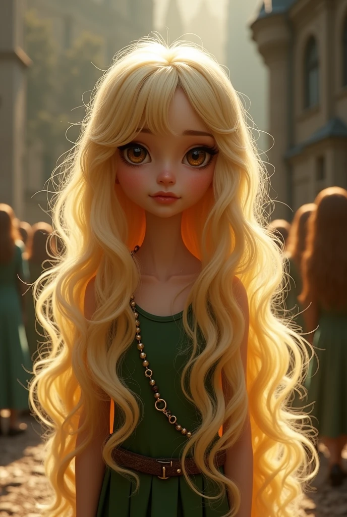 A girl (angelical face round eyes in ambar color, she save soft features , smal and delicate nose ,lips heart shaped her face a soft and feminine Square form)she is extremely beautyfull...hair( blond and long at her waist Softly curled on the final she have bangs too). she is a witch from Hogwarts her house its Hufflepuff(realistic)