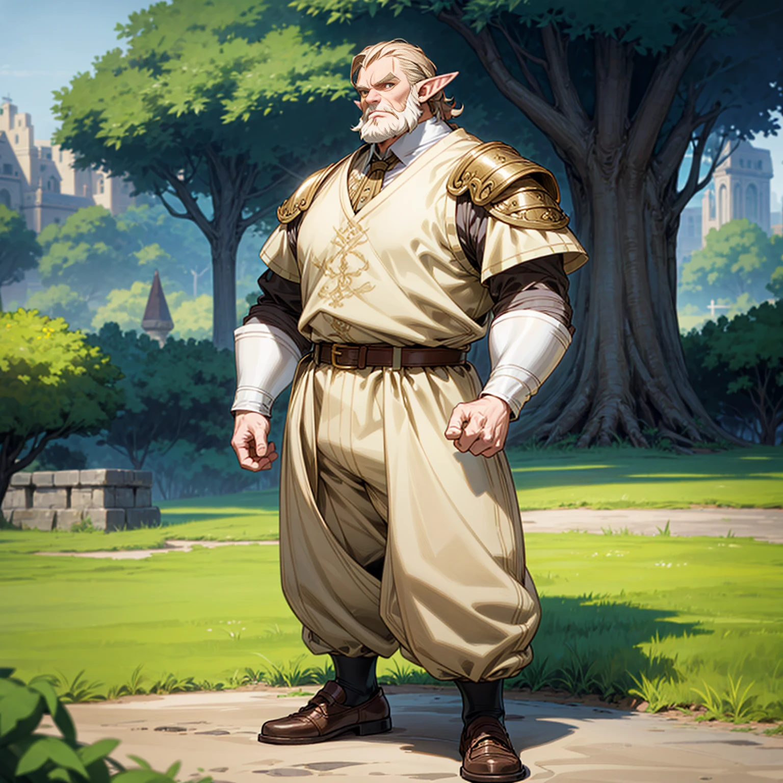Solo character, full body version, middle aged man, big man, largest muscle, (elf), yellow eyes, brown color hair, short Curly hair, formal clothing, white color clothing, brown long pants, shoes, belt, outdoor, park, village, medieval, standing gesture, detailed background, detailed clothing, detailed hair, (one piece style art), armored, white beard