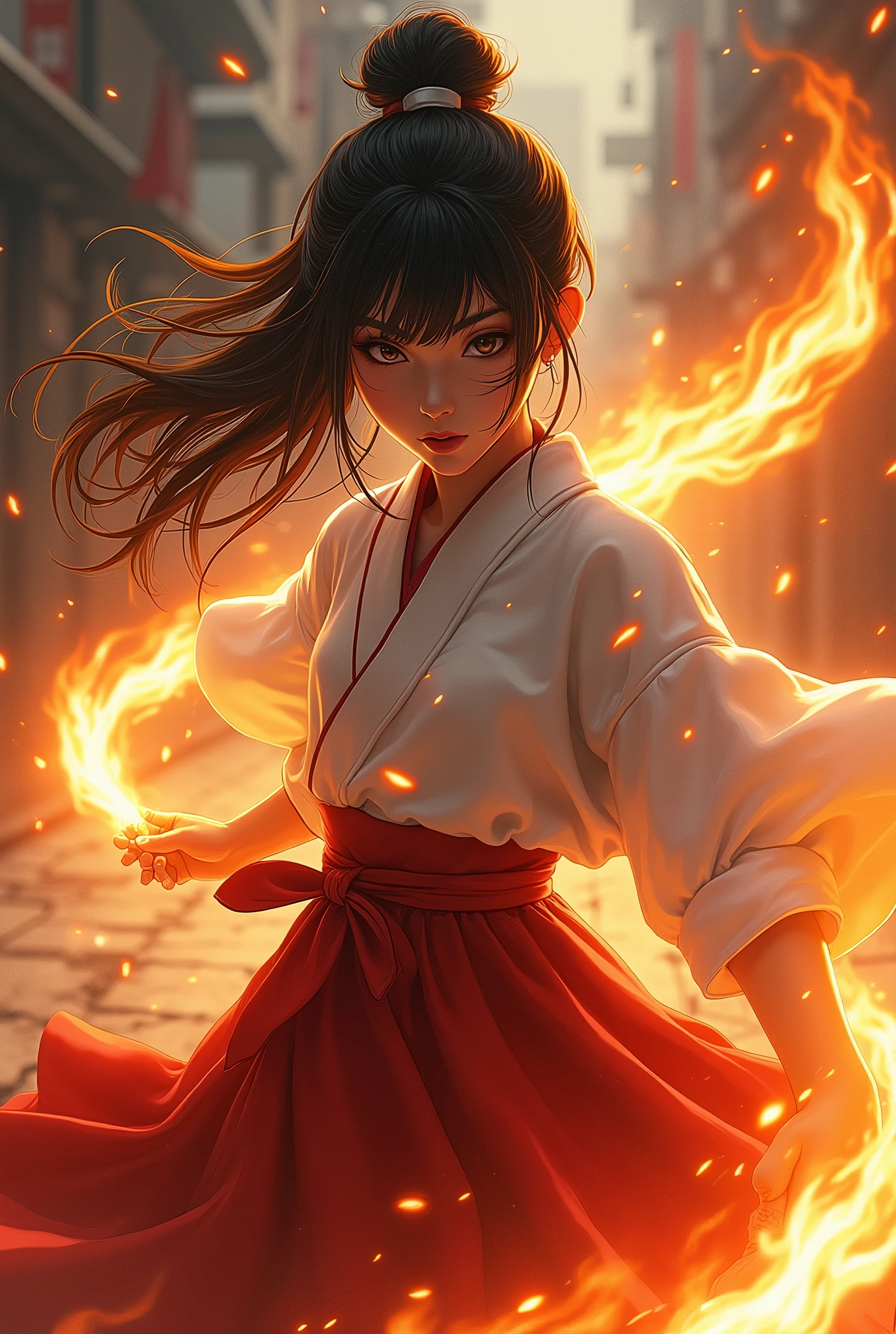 Sukeban Deka、((Fire Magic))、Japanese beautiful girl Yuka、Dynamic fighting poses、