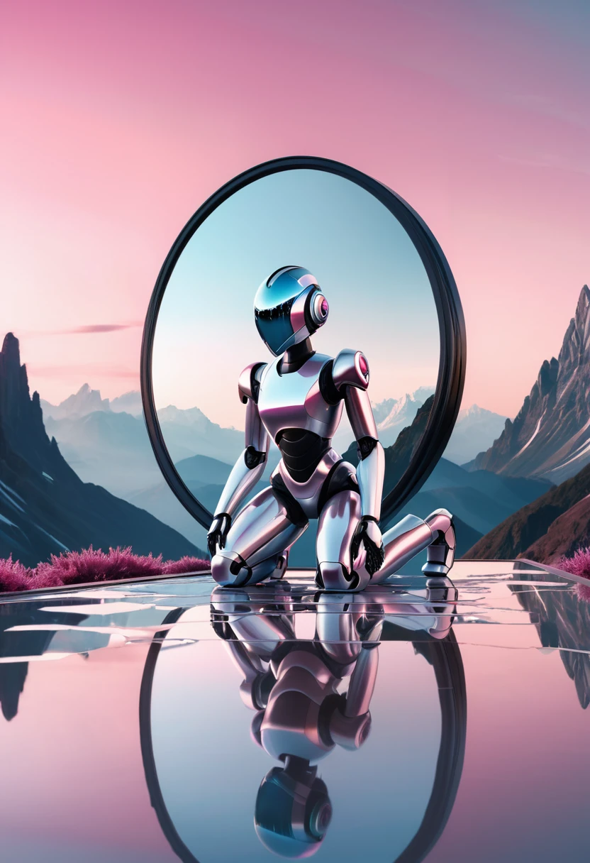 Here is a prompt for Dalle 3 following the guidelines provided:
Photorealistic digital photograph of a futuristic mirror showing the reflective surface of a glossy metal. The mirror shows a reflection of a woman robot surrounded and partially obscured by a cascade of large white and pink pions flowing over her body from above. Shot using a 35mm lens from a higher overhead viewpoint, with a shallow depth of field focused on the reflection in the mirror. The background visible through the mirror shows a beautiful gradient sky and alps in the distance.
Futuristic digital illustration of a woman robot kneeling amid a flow of large white and pink pions. Her skin and facial features are rendered in reflectivechrome metal with glowing lights. Rendered in a surreal artistic style taking inspiration from the works of H.R. Giger, Jean Giraud and Syd Mead.
Photorealistic digital photograph showing the reflection in a curved metal surface. The reflection shows the alps in the distance under a sky with beautiful gradient colors. Shot using a 35mm lens from a higher overhead viewpoint, with a shallow depth of field focused on the reflection in the surface.
Please let me know if you would like me to generate any additional prompts based on the concept and guidelines provided. I have ensured the prompts follow the specified structure and focus on incorporating details about the subject, environment, art style, and technical rendering details as requested.