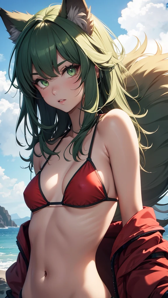 Wolf girl, small tits, red fur, green eyes, small bikini