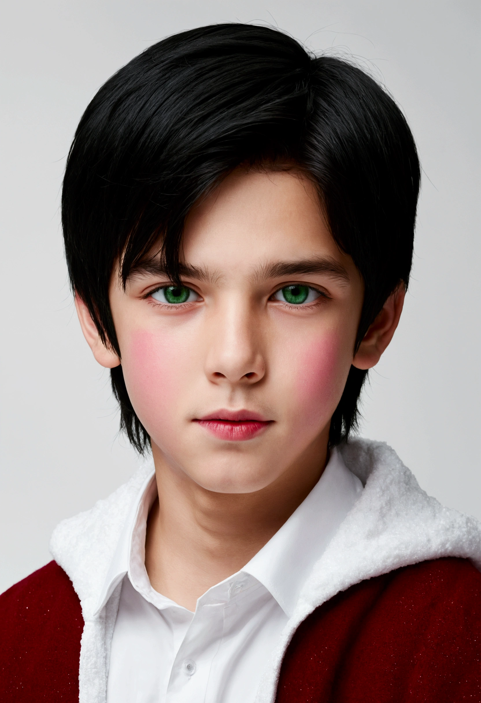 Handsome boy ((1 1 ) blood-red skin 1.1(( skin white as snow)) black hair with green highlights 1.4((, green eyes 1.2)) beautiful face (( teenager )), pink mouth, masterpiece (( Cute white natural boy!..