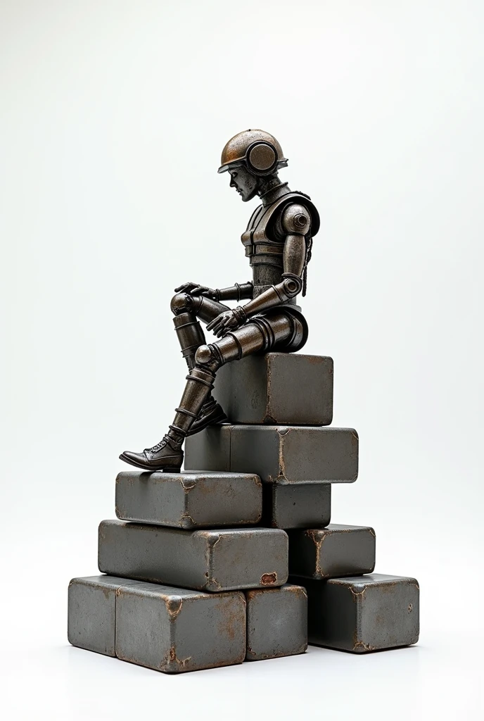 A metal scrap men sculpture sitting on metal ingots with white background