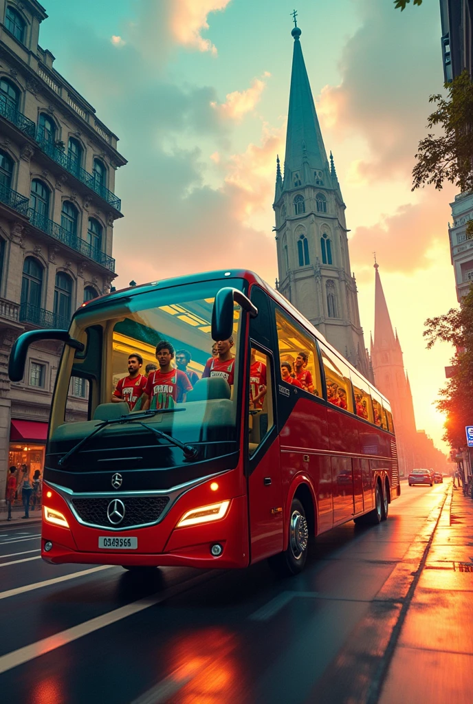 A surreal Universe luxury coach carrying soccer players, moving through a Saigon street at Notre Dame Cathedral | fantasy, colorful, highly detailed, dreamlike atmosphere, glass reflections, urban setting | photorealistic | cinematic sunset lighting