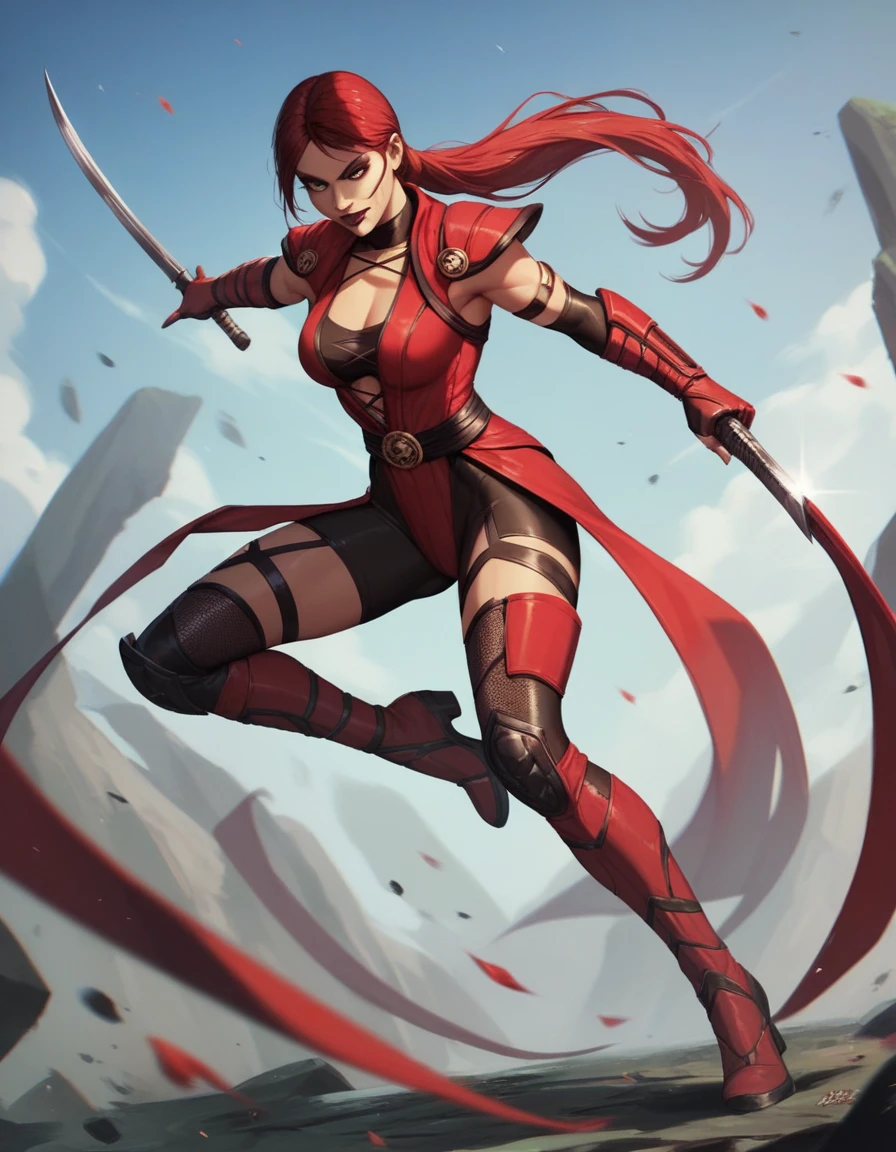 Woman,semi-new ninja, Skarlet from Mortal Kombat full body view,combat pose